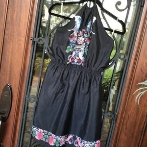 FCNY black/floral halter tie gathered waist dress